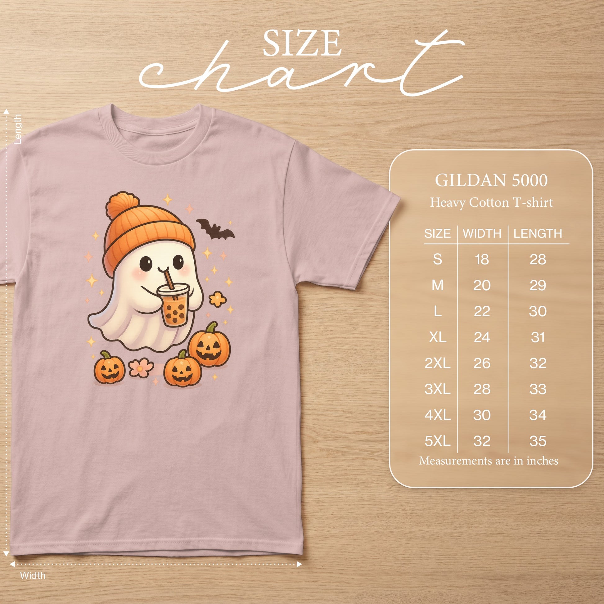 Pink Gildan 5000 t-shirt with cute ghost, pumpkins, and boba tea graphic.