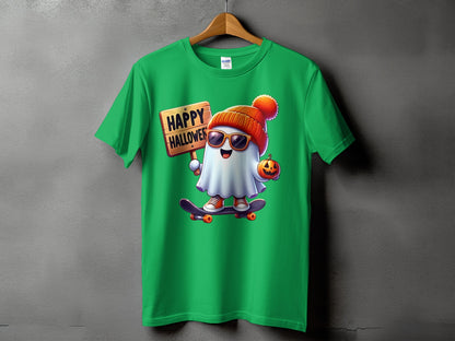 Green t-shirt with cartoon ghost on skateboard holding "Happy Halloween" sign and pumpkin.