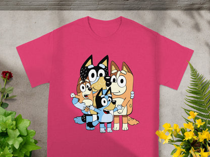 Bluey family characters in a playful pose on a pink t-shirt.