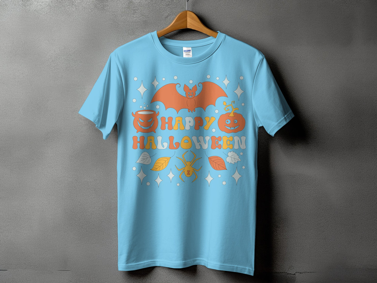Light blue t-shirt with "Happy Halloween" text and Halloween graphics.