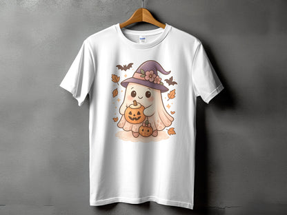 Cute ghost with witch hat holding pumpkins on white t-shirt.