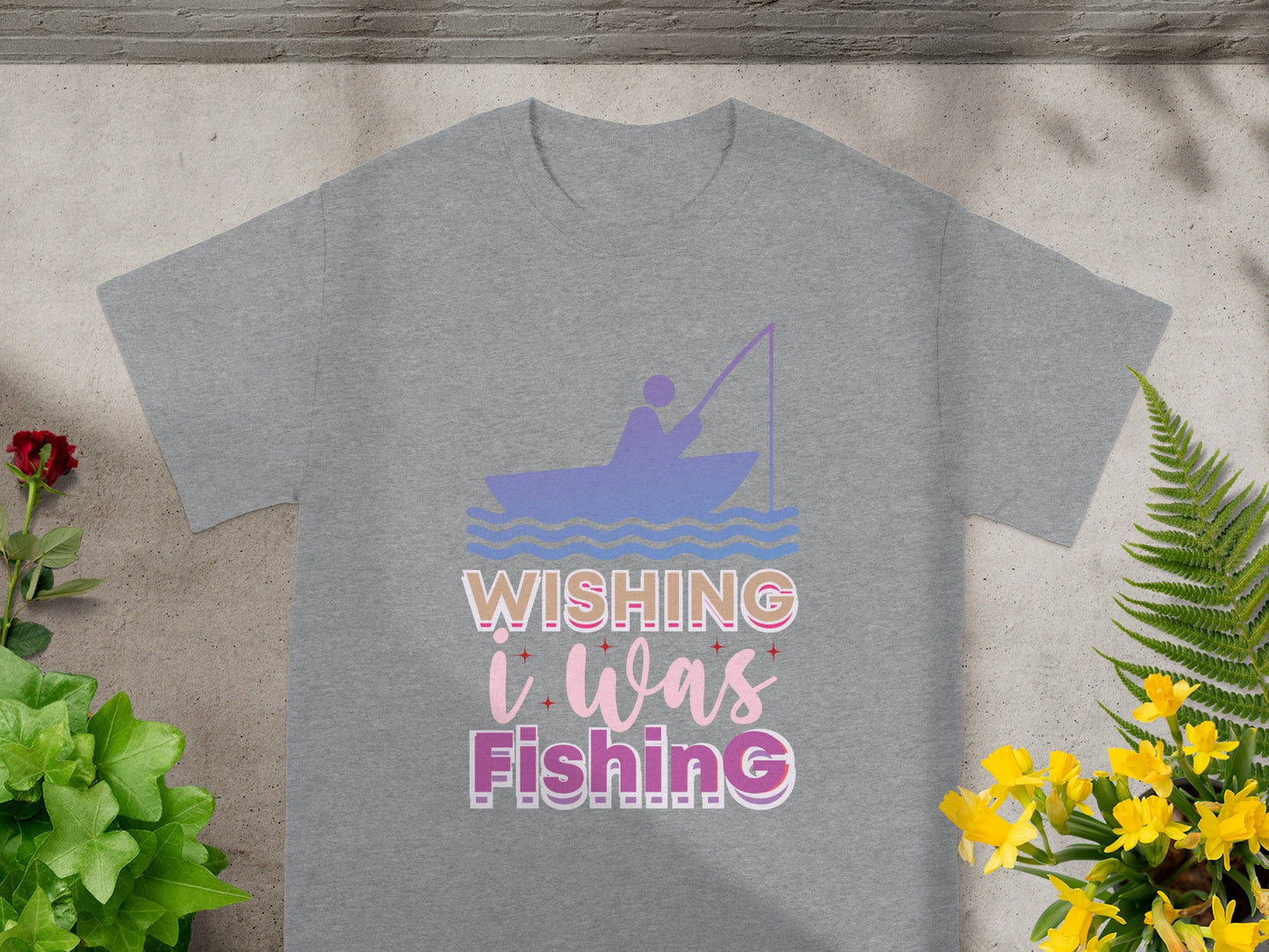 Grey t-shirt with graphic that reads "Wishing I was Fishing"