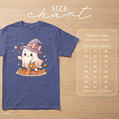 Gildan 5000 Heavy Cotton T-shirt size chart with ghost graphic.