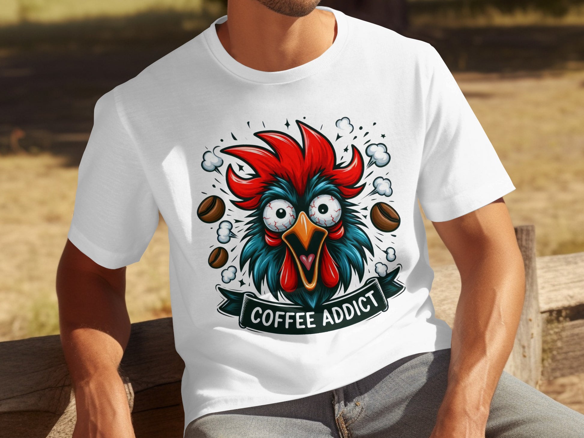 Funny Rooster Coffee Addict Graphic T-Shirt