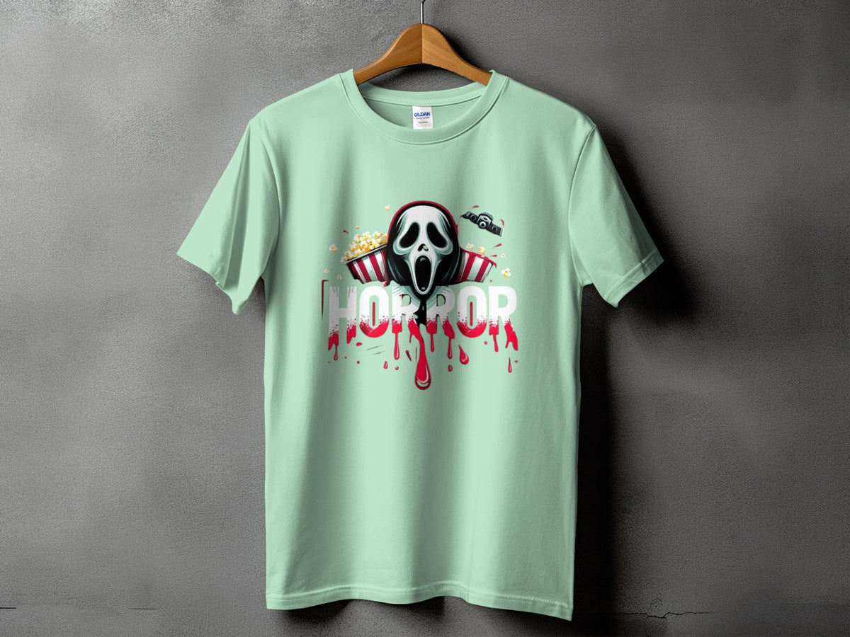 Light mint t-shirt with "HORROR" text, scream mask, and popcorn.