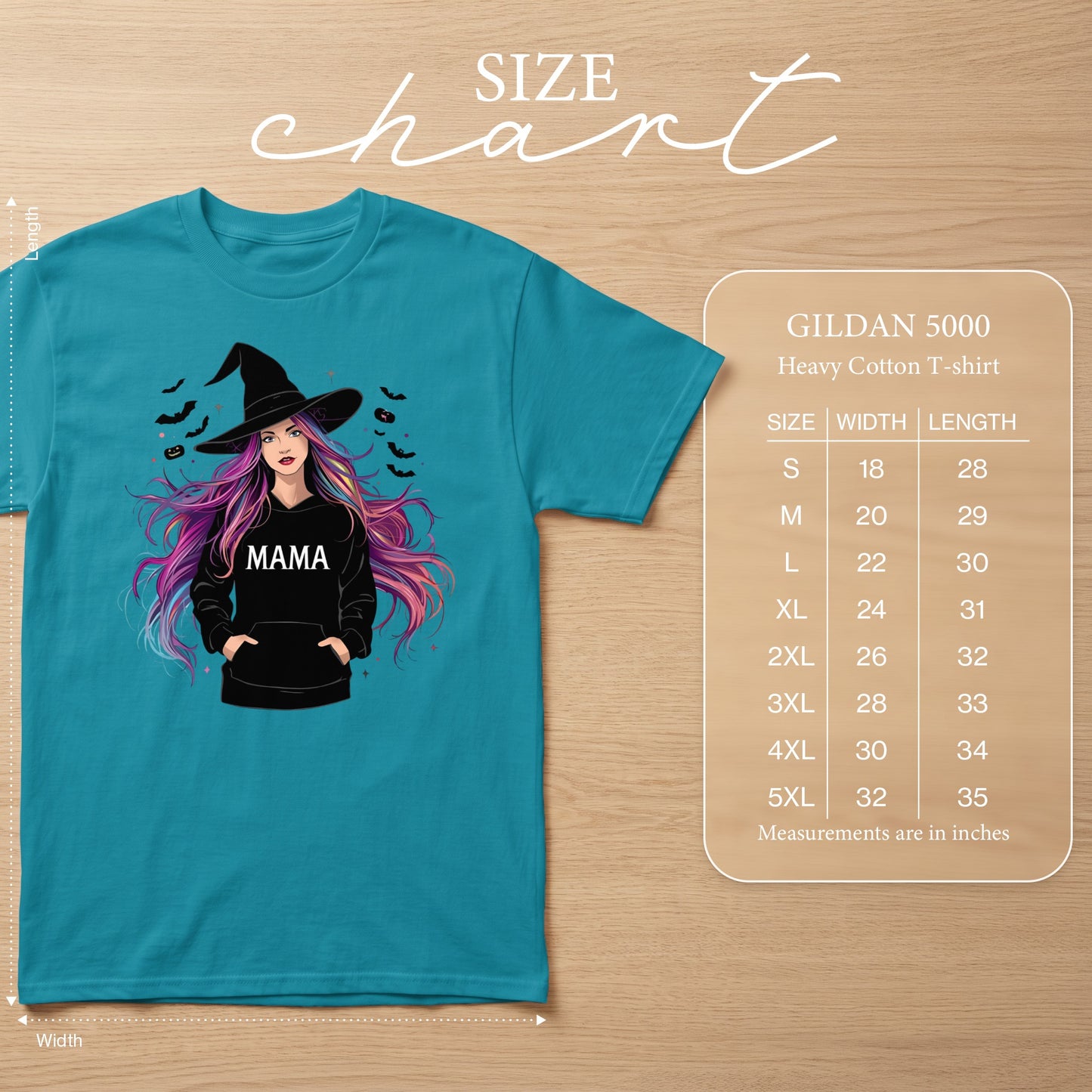Teal t-shirt with witch graphic and Gildan 5000 size chart.