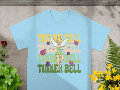 Light blue t-shirt with "Tinker Bell" text and fairy graphic.