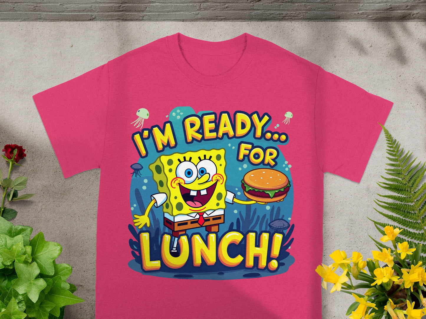 SpongeBob SquarePants holding a burger with text "I'M READY... FOR LUNCH!".