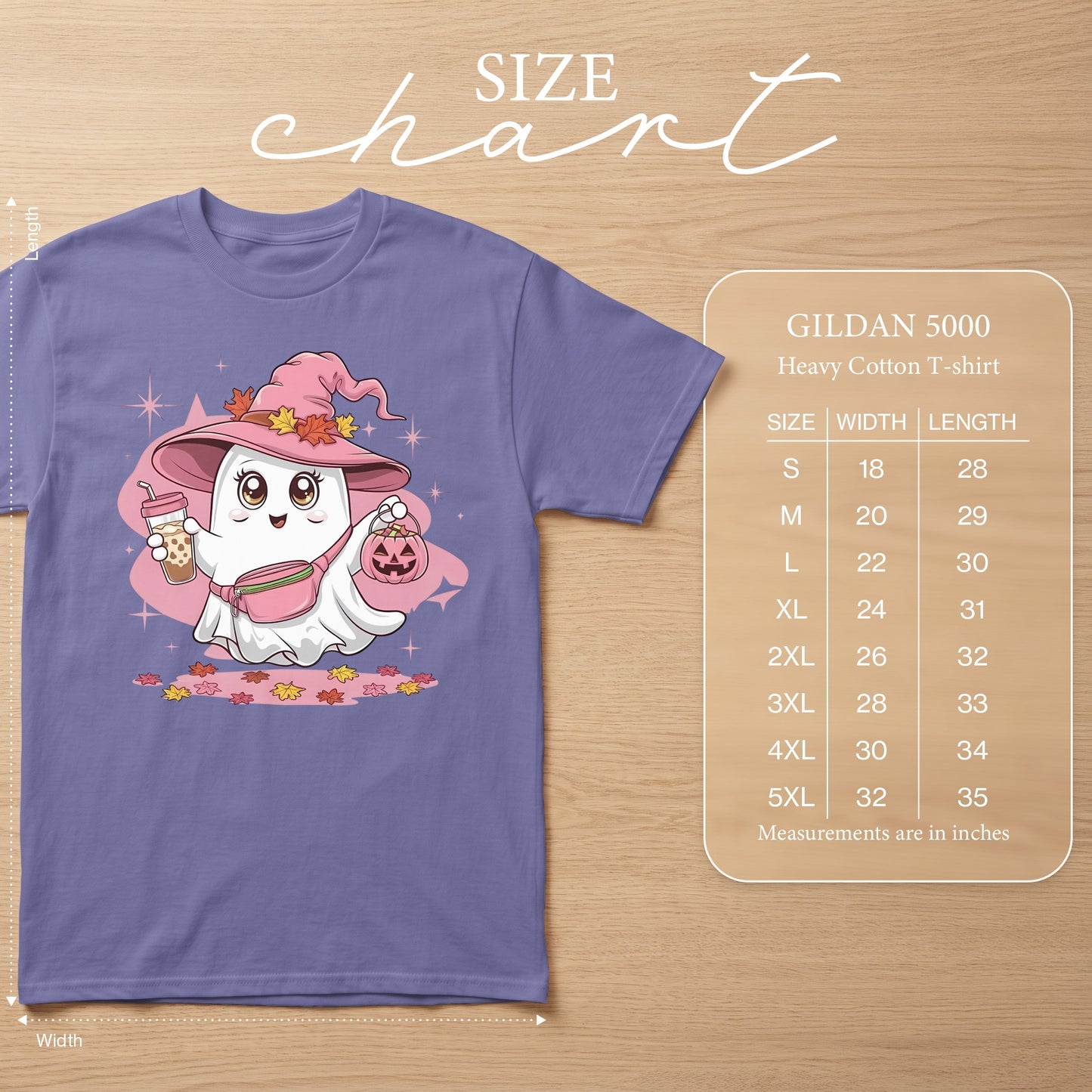 Gildan 5000 Heavy Cotton T-shirt size chart with ghost graphic.