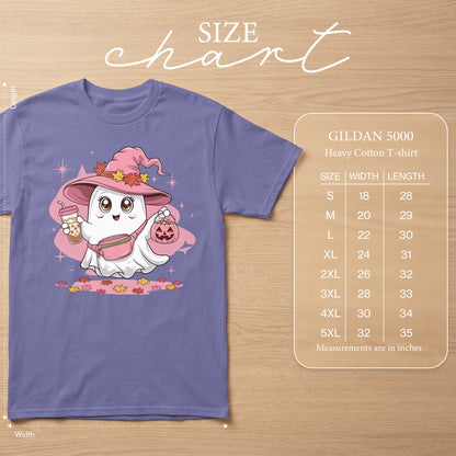 Gildan 5000 Heavy Cotton T-shirt size chart with ghost graphic.