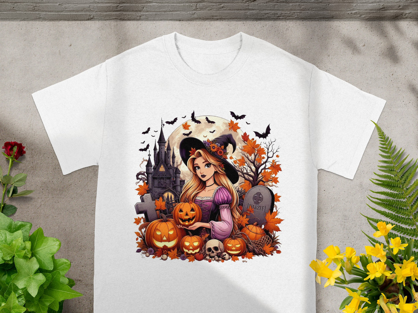 Halloween graphic with witch, pumpkins, castle, bats, and tombstone.