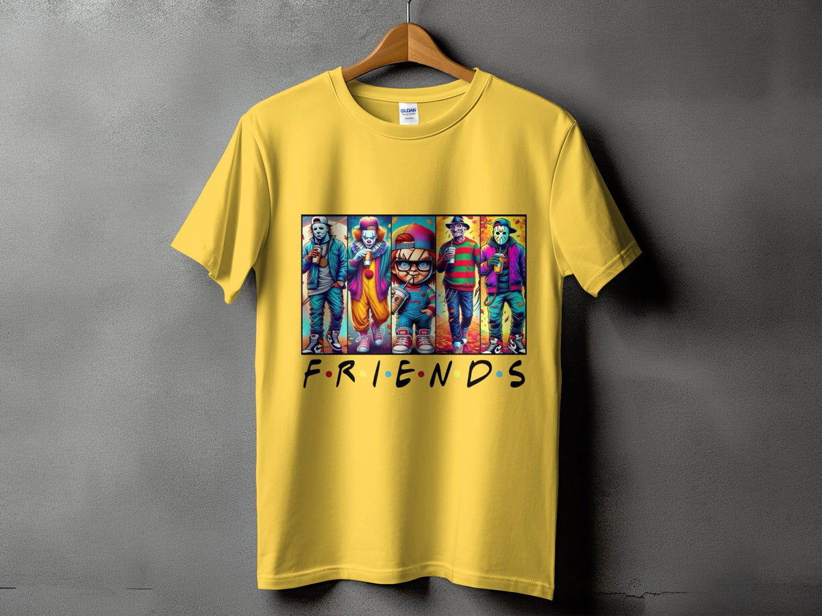 Yellow t-shirt with horror characters and "Friends" logo.