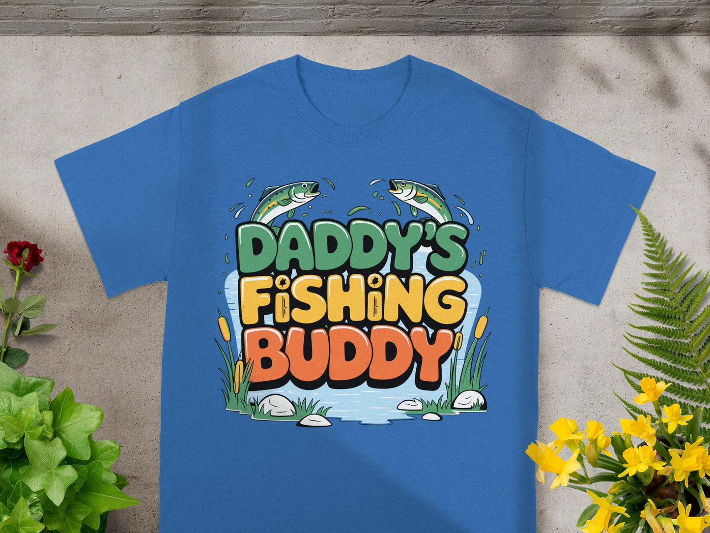 Blue t-shirt with cartoon "Daddy's Fishing Buddy" text and two fish.