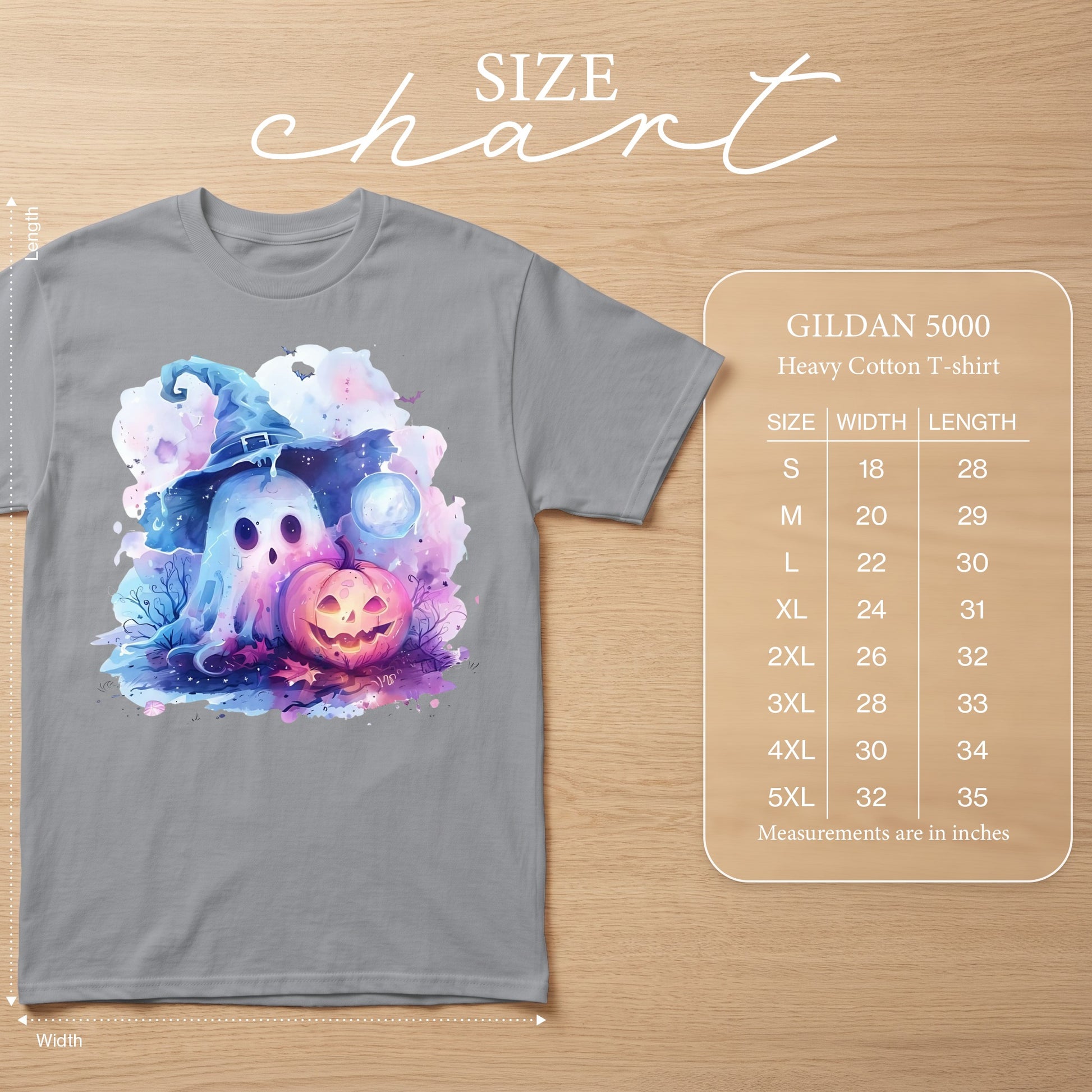Gildan 5000 heavy cotton t-shirt with watercolor ghost and pumpkin design.
