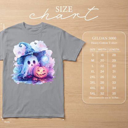 Gildan 5000 heavy cotton t-shirt with watercolor ghost and pumpkin design.