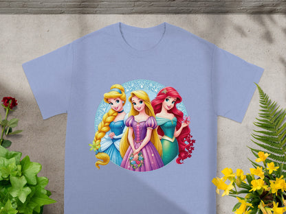 Disney Princesses Rapunzel, Cinderella, and Ariel graphic on a light purple t-shirt.