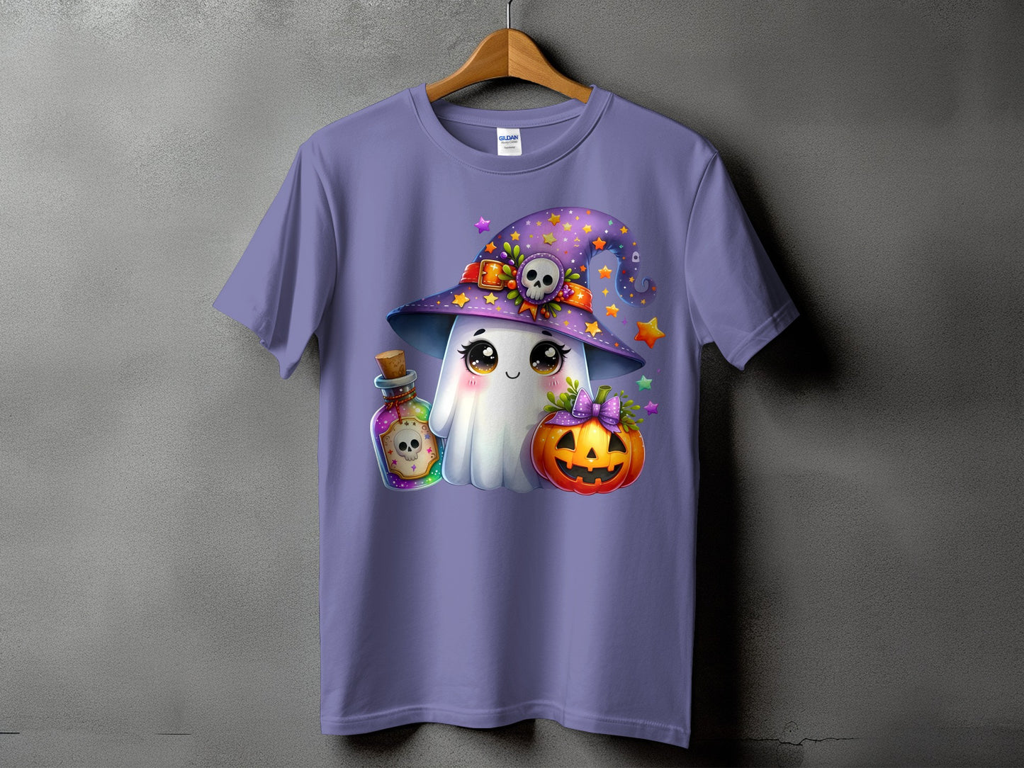 Ghost, potion, and jack-o'-lantern Halloween graphic on a lavender t-shirt.
