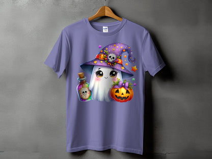 Ghost, potion, and jack-o'-lantern Halloween graphic on a lavender t-shirt.