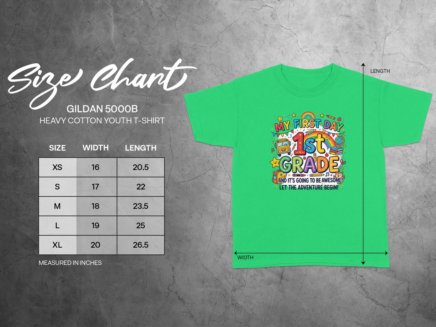Green youth t-shirt with "My First Day 1st Grade" graphic and size chart.