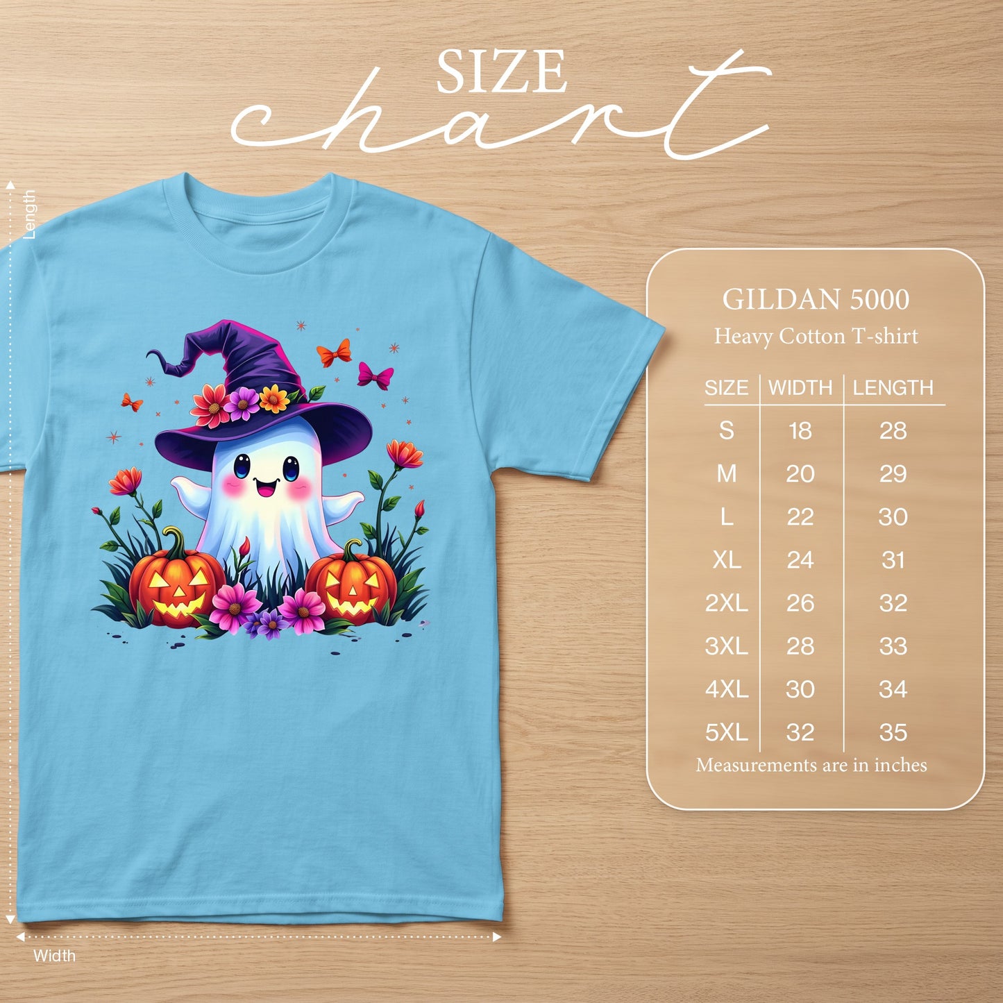 Light blue t-shirt with cute ghost, pumpkins, and flowers graphic; Gildan 5000 size chart.