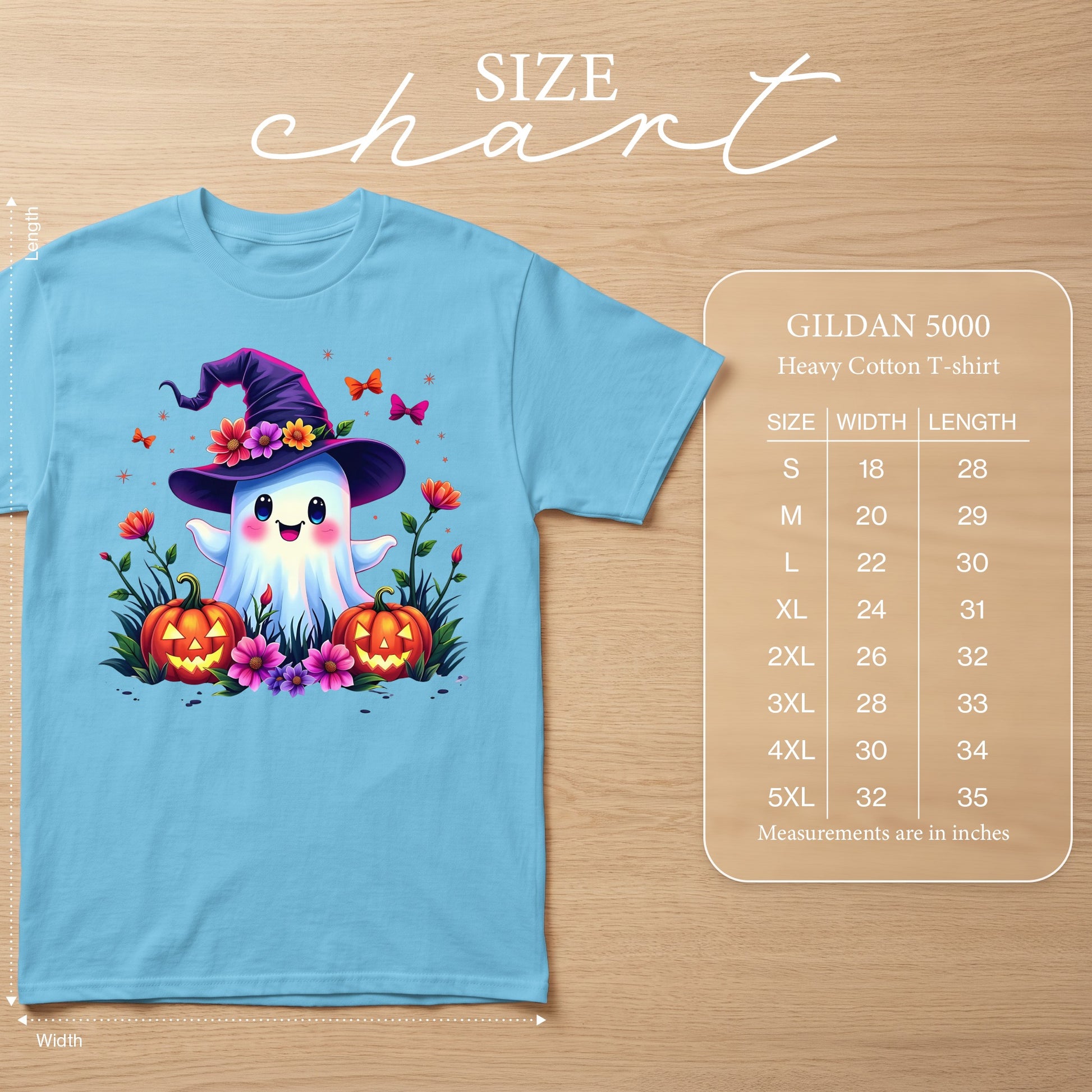 Light blue t-shirt with cute ghost, pumpkins, and flowers graphic; Gildan 5000 size chart.
