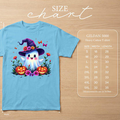 Light blue t-shirt with cute ghost, pumpkins, and flowers graphic; Gildan 5000 size chart.