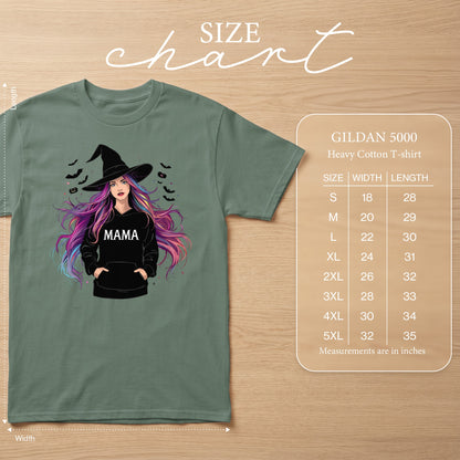 Gildan 5000 heavy cotton t-shirt size chart with graphic of witch.