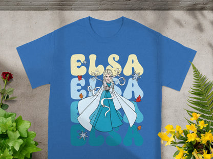 Blue t-shirt with Elsa from Frozen and the text "Elsa Elsa"