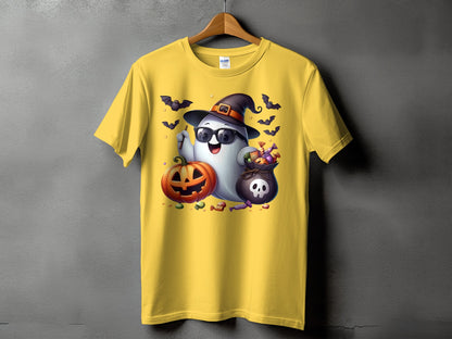 Yellow t-shirt with Halloween ghost, pumpkin, candy bag, and bats graphic.