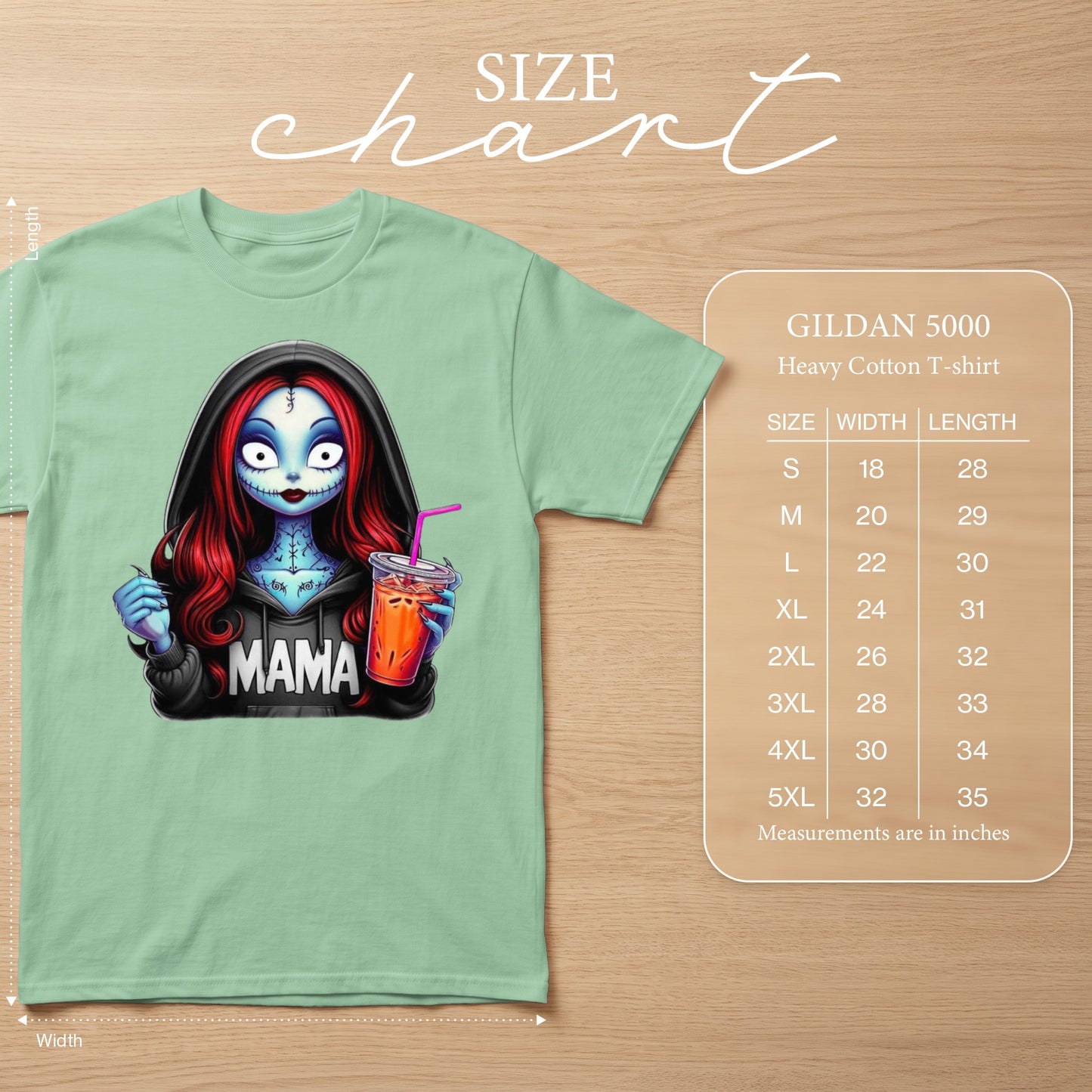 Gildan 5000 Heavy Cotton T-shirt with "Mama" graphic and size chart.