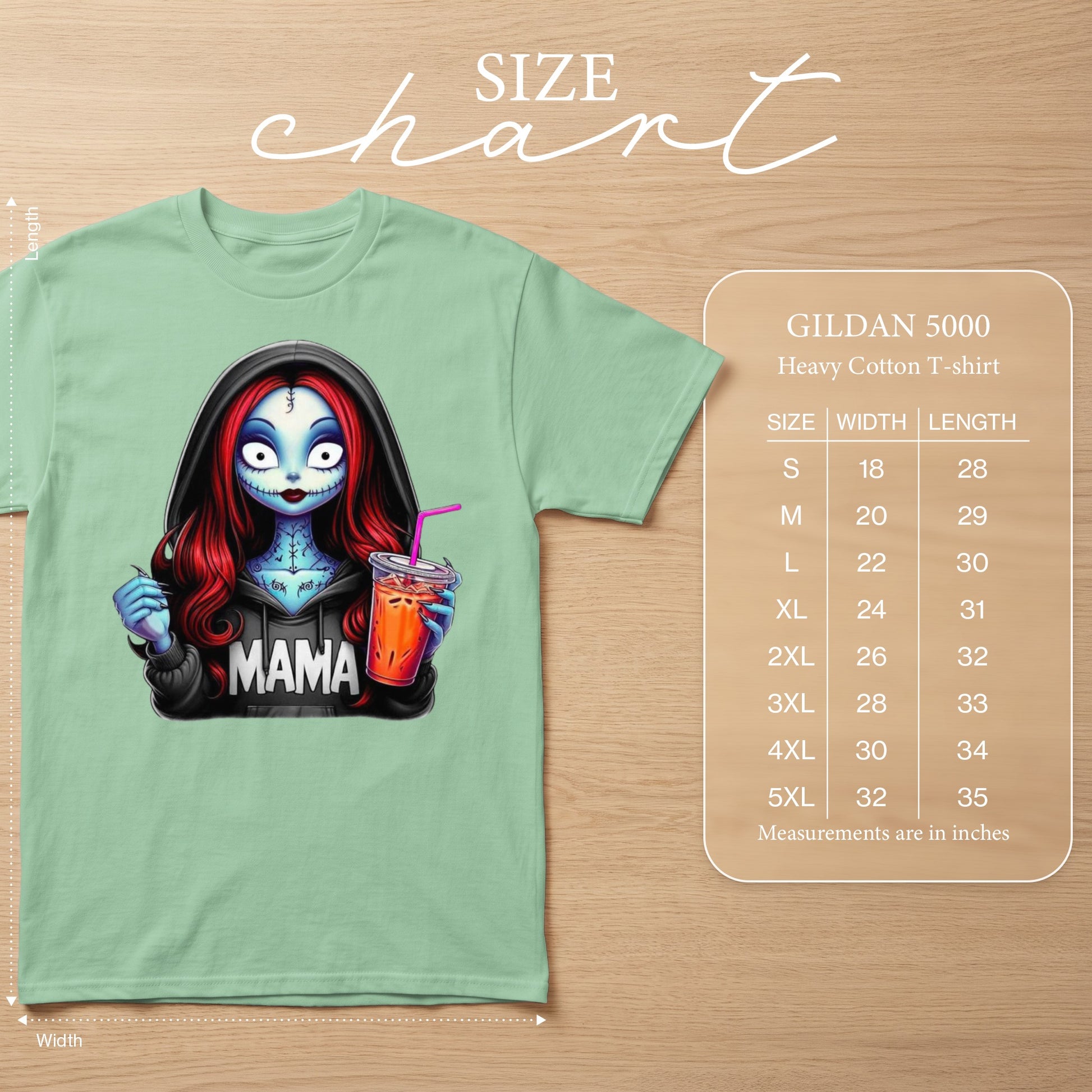 Gildan 5000 Heavy Cotton T-shirt with "Mama" graphic and size chart.