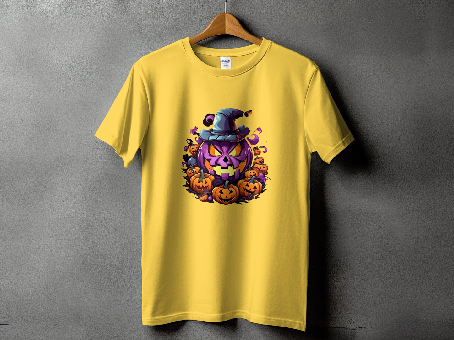 Yellow t-shirt with a large purple jack-o'-lantern surrounded by smaller pumpkins.