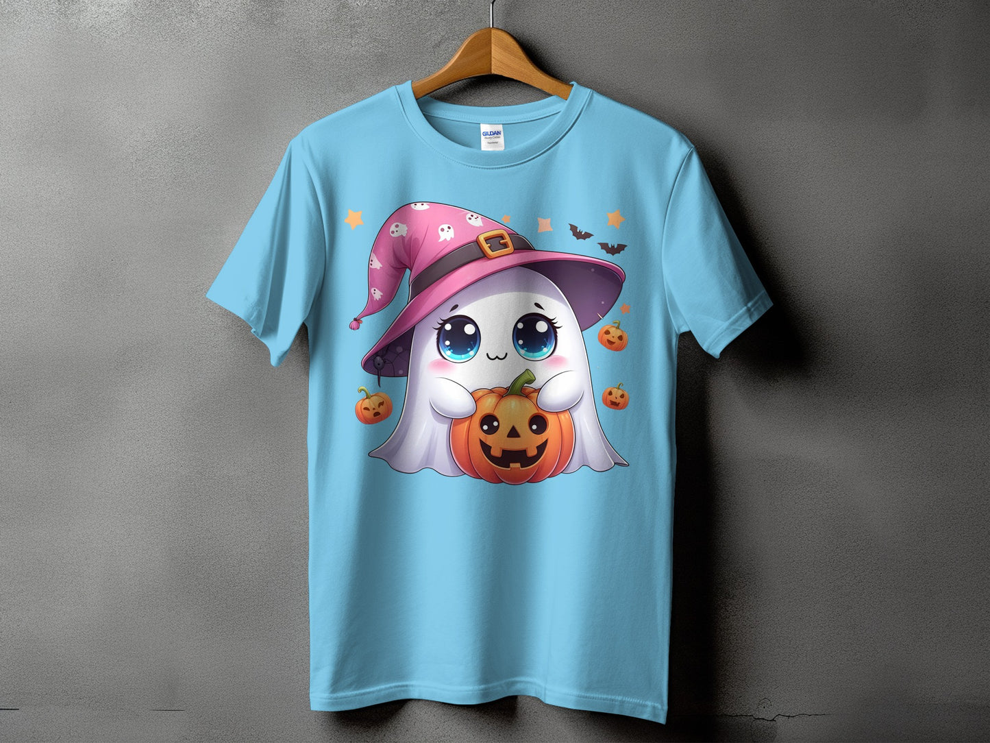 Cartoon ghost wearing a witch hat holds a jack-o'-lantern, with pumpkins and bats.