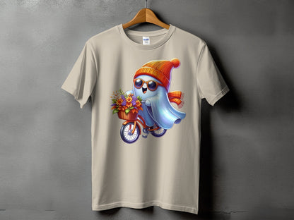 Ghost wearing beanie, scarf, and sunglasses rides bicycle with basket of flowers.