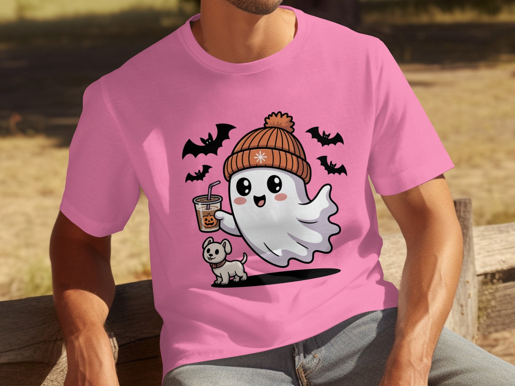 Ghost and Dog Design with Bats Pink T-Shirt