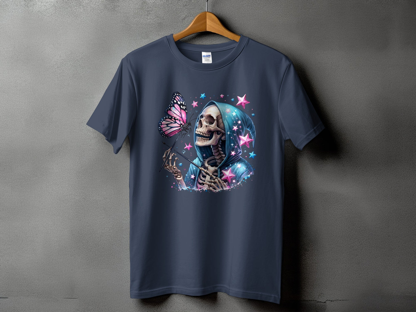 Dark blue t-shirt with skeleton wearing hooded robe and holding butterfly.