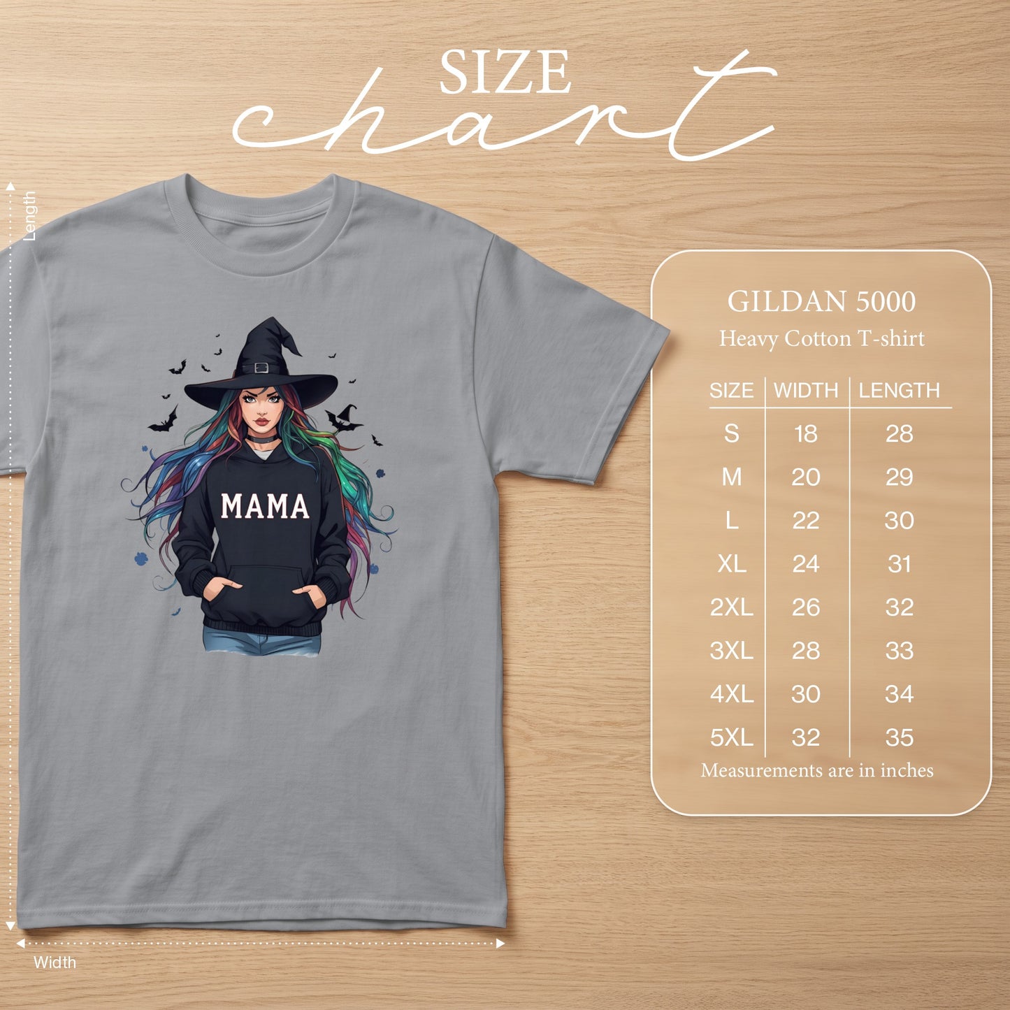 Grey t-shirt with witch graphic and "MAMA" text, GILDAN 5000 size chart.