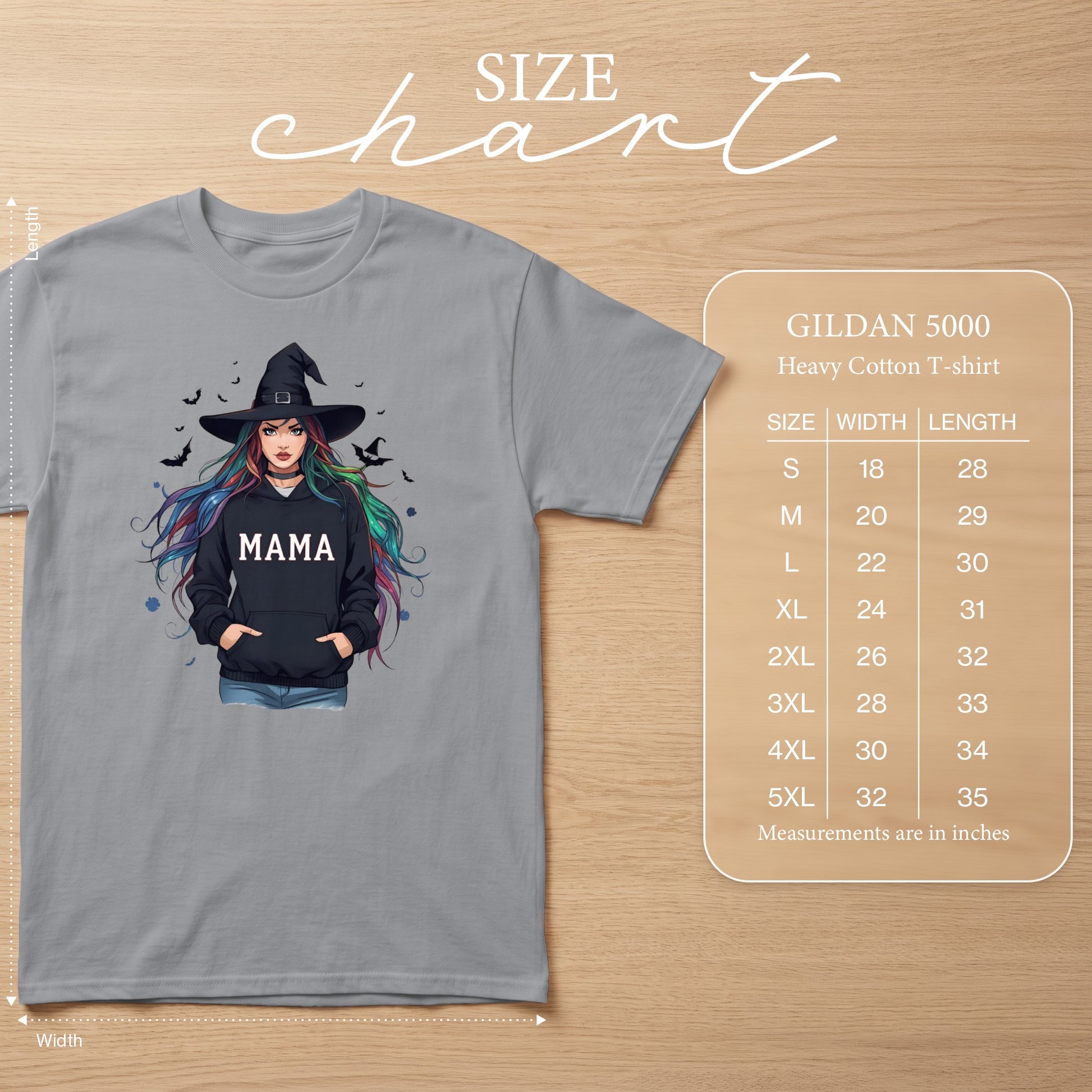 Grey t-shirt with witch graphic and "MAMA" text, GILDAN 5000 size chart.