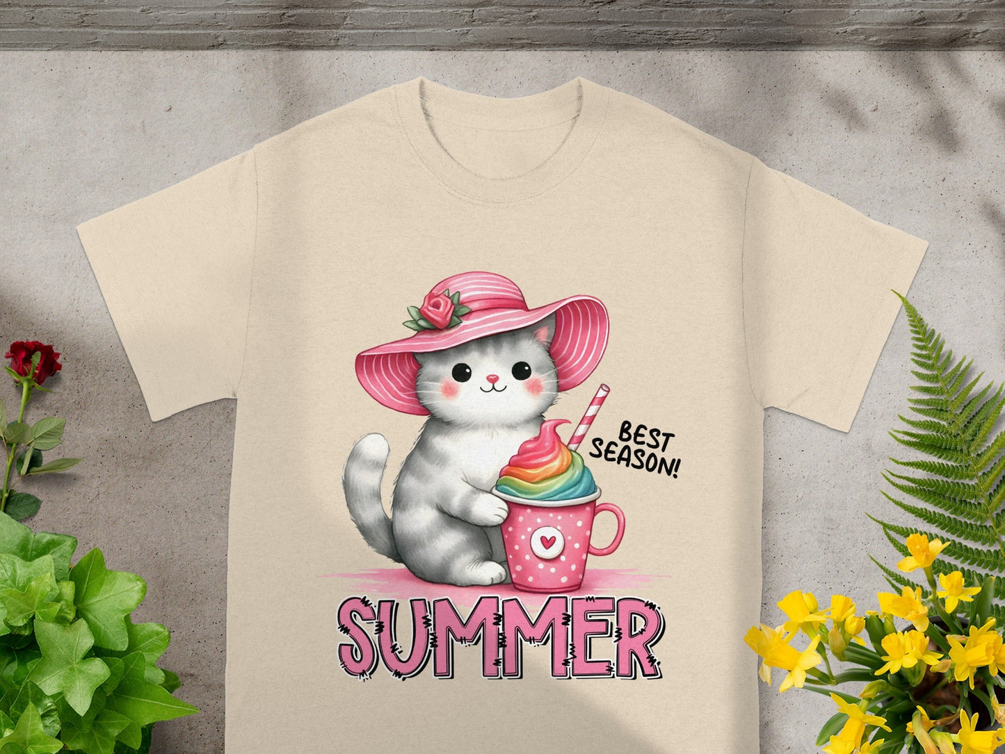 Adorable Cat in Summer Hat with Ice Cream Design Shirt