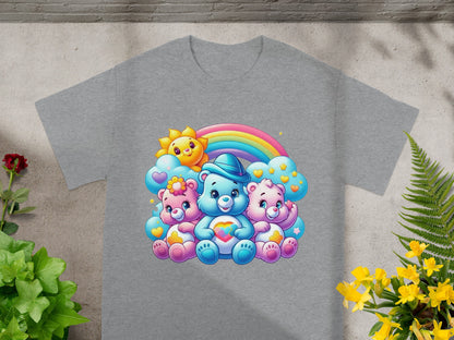 Three cartoon bears sitting together with a rainbow and smiling sun.