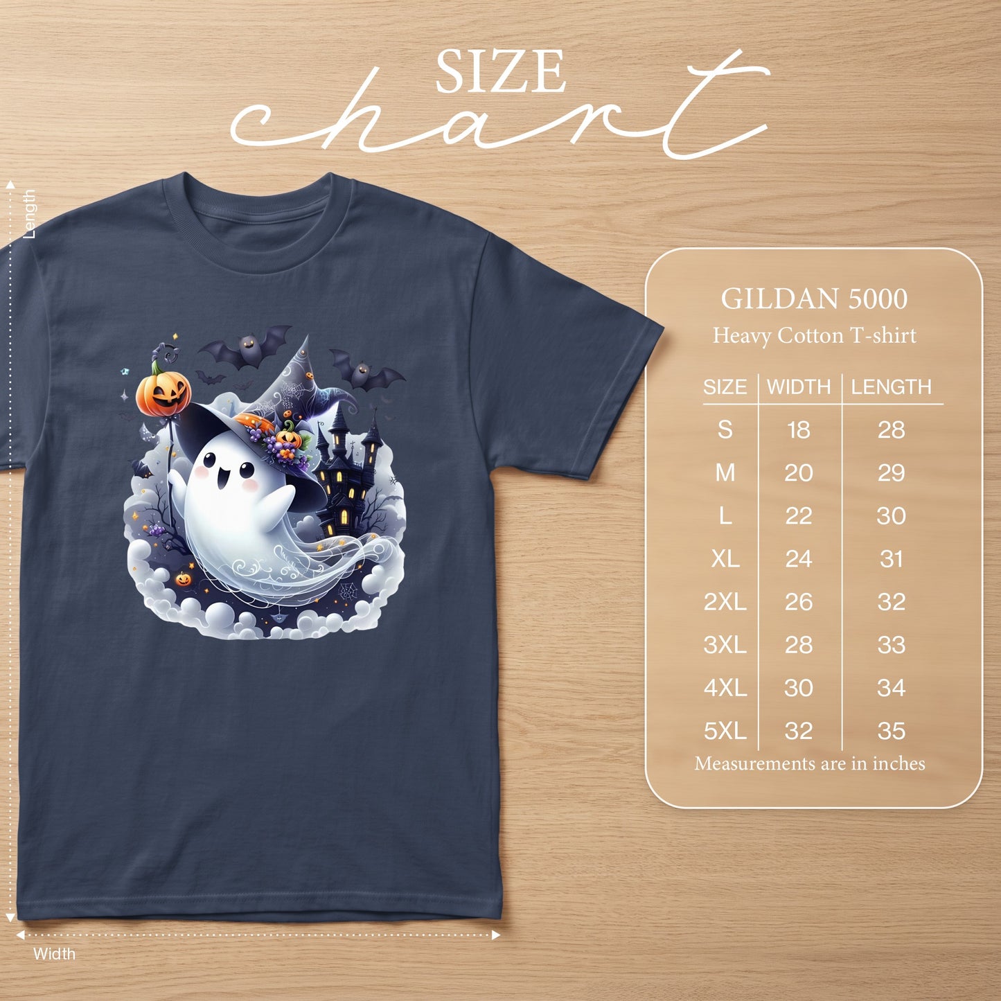Gildan 5000 Heavy Cotton T-shirt size chart with ghost Halloween graphic.