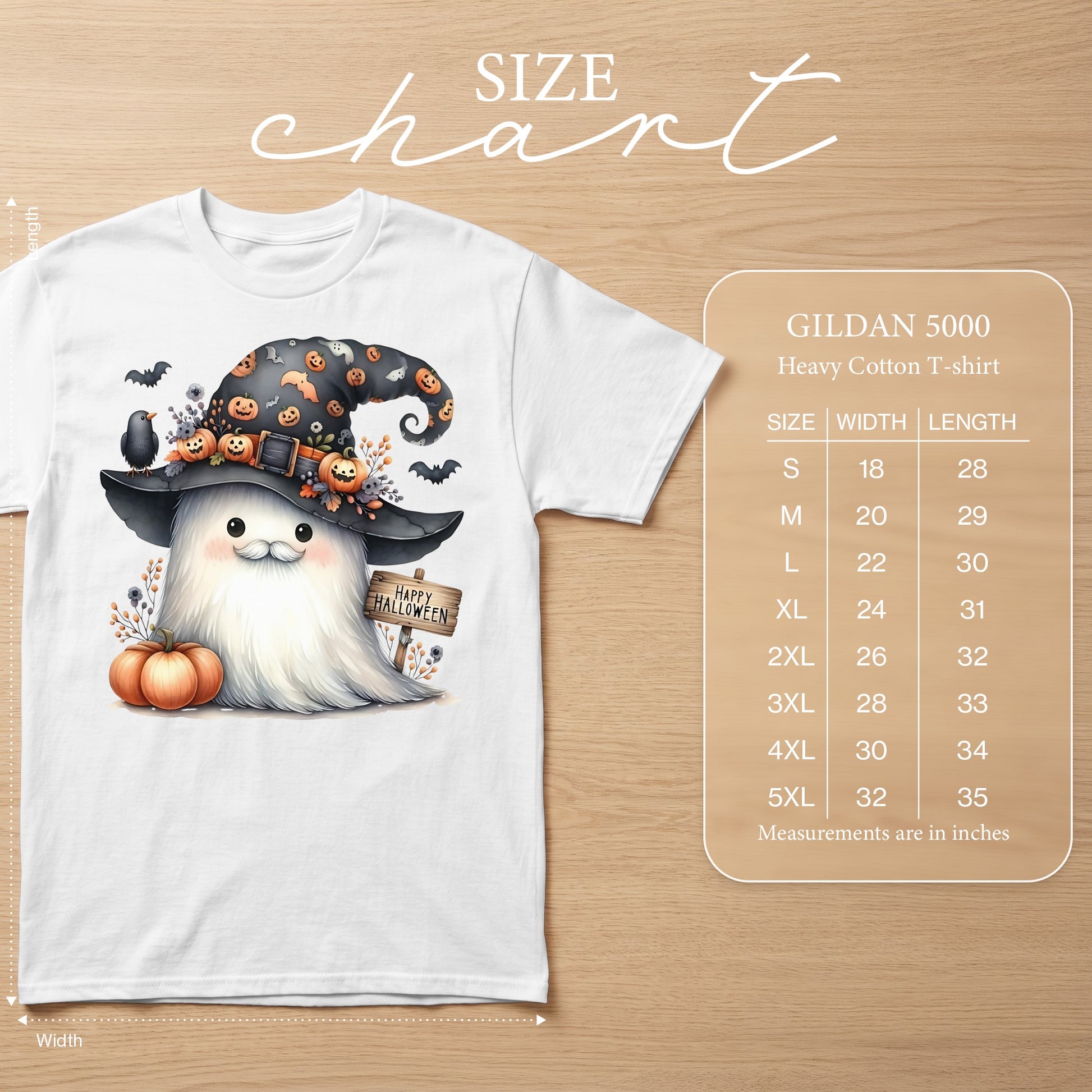 White Gildan 5000 t-shirt with a Halloween ghost graphic and size chart.