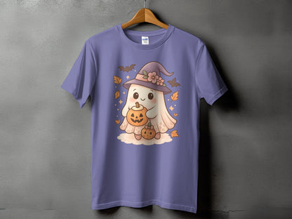 T-shirt with a cute ghost holding pumpkins and wearing a witch hat.
