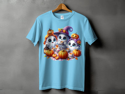 Three cute ghosts with pumpkins and a tea set on a light blue t-shirt.