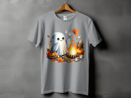 Gray t-shirt with cartoon ghosts, pumpkins, campfire, and autumn leaves design.