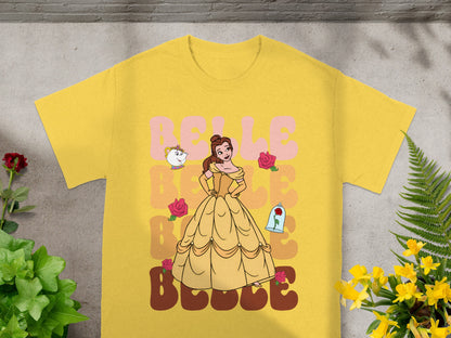 Belle with roses and a teacup on a yellow t-shirt.