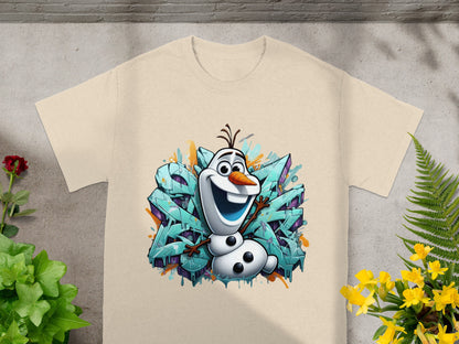 Olaf from Frozen cartoon character with graffiti background on a tan t-shirt.