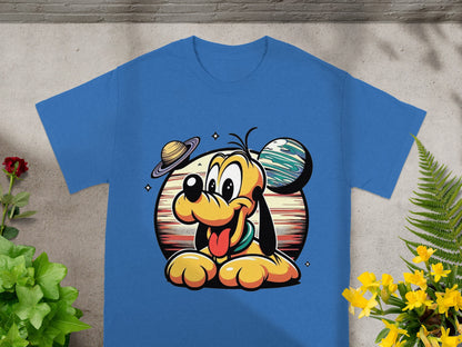 Cartoon Pluto with planets and stars on a blue t-shirt.