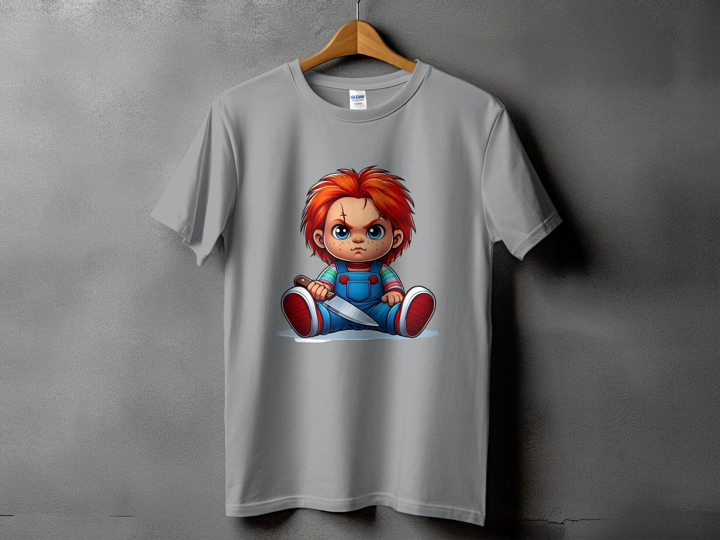 Grey t-shirt with Chucky doll graphic holding a knife