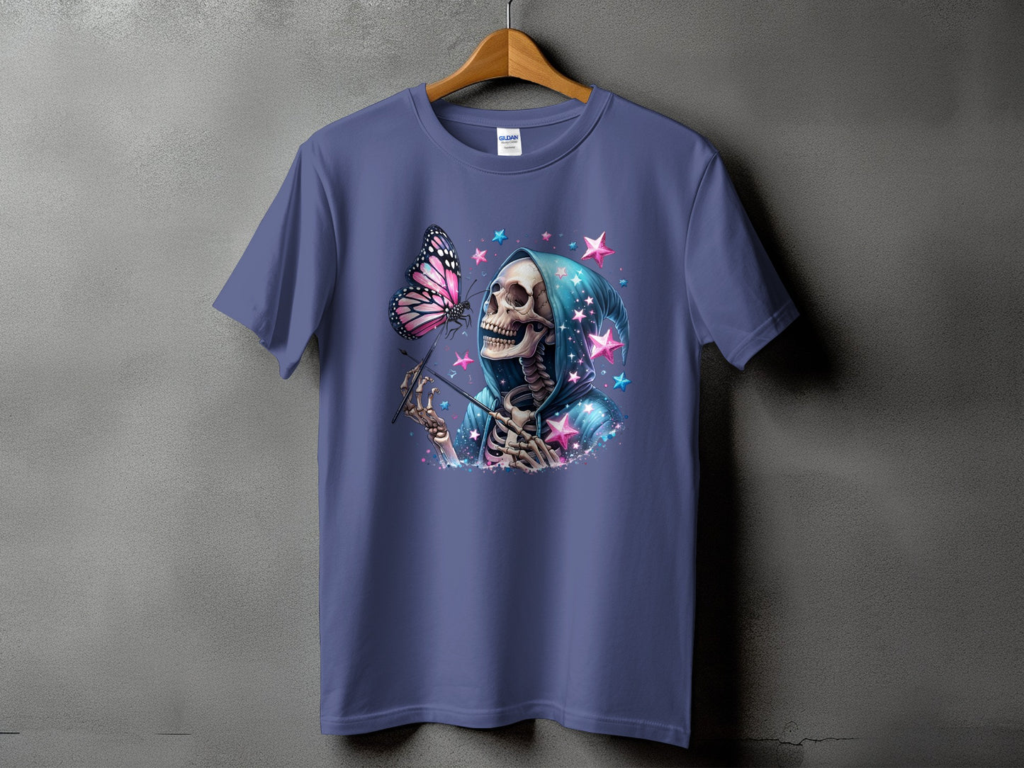 Skeleton in a blue hooded robe holding a wand, with a pink butterfly and stars.